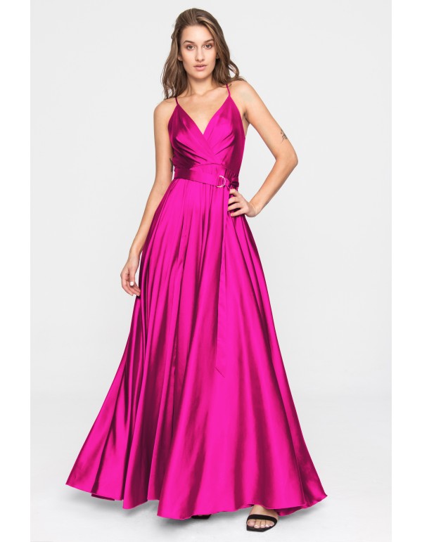 Robe longue de fête en satin fuchsia avec volant