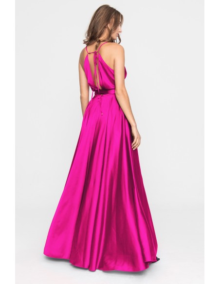 Robe longue de fête en satin fuchsia avec volant