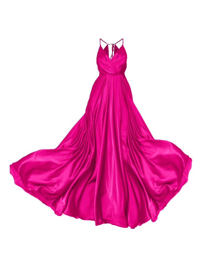 Fuchsia satin long party dress with flared skirt