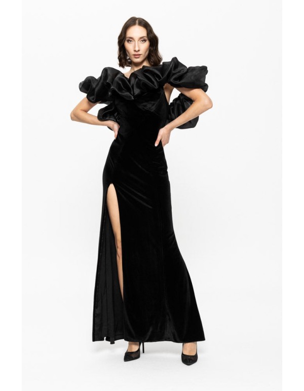 Robe longue de soirée noire avec volume et fente 2