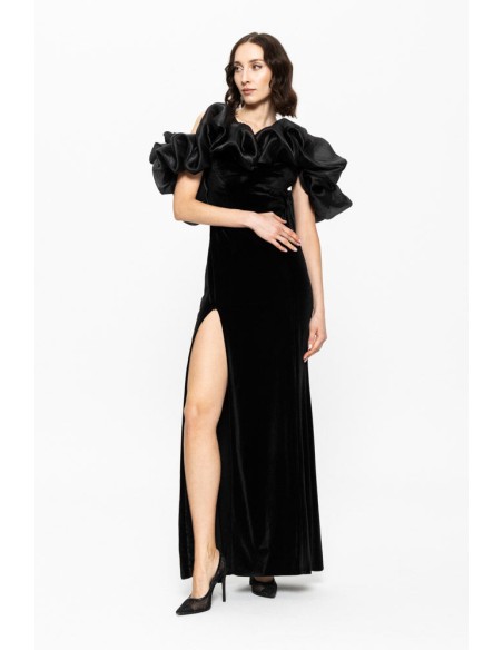 Black long party dress with volume and slit