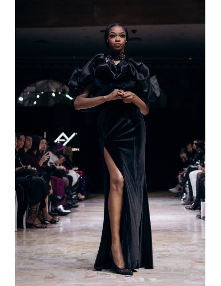 Black long party dress with volume and slit