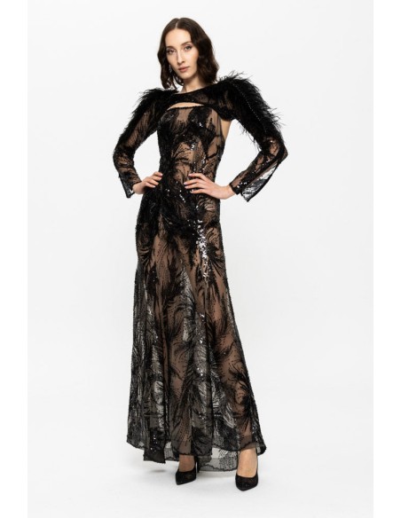 Long evening dress with sequin embroidery and feather details on the shoulders.