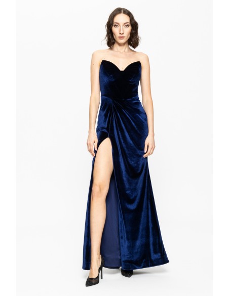 Long navy blue velvet ball gown with sweetheart neckline