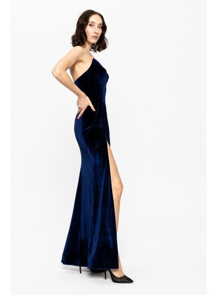 Long navy blue velvet ball gown with sweetheart...