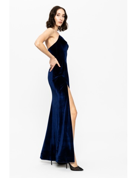 Long navy blue velvet ball gown with sweetheart neckline