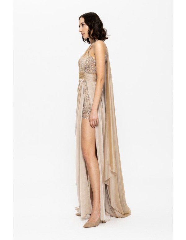 Robe longue beige avec encolure dos nu et fente sur le... 2