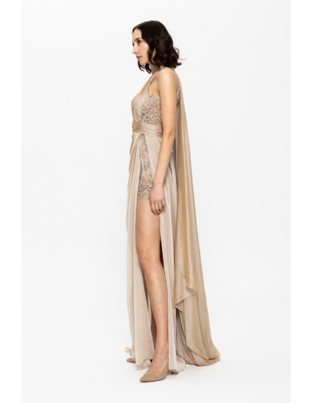 Beige long gala dress with halter neckline and front slit