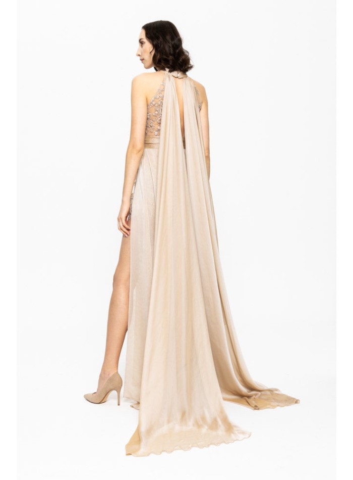 Beige long gala dress with halter neckline and...