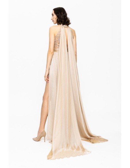 Beige long gala dress with halter neckline and front slit