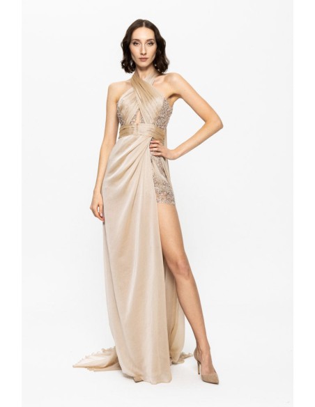 Beige long gala dress with halter neckline and front slit