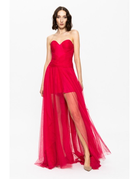 red ball gown with sweetheart neckline and tulle skirt