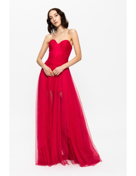 red ball gown with sweetheart neckline and tulle skirt