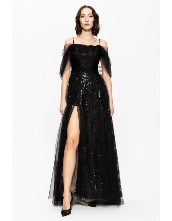 Long black evening gown with embroidered sequins and corset