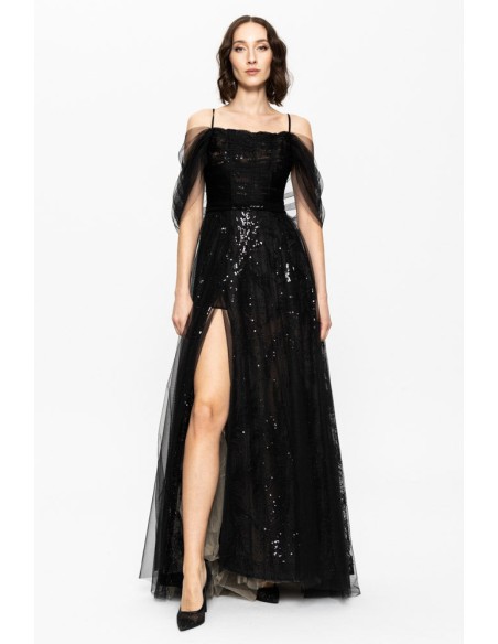 Long black evening gown with embroidered sequins and corset