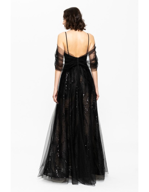 Long black evening gown with embroidered sequins and corset 2