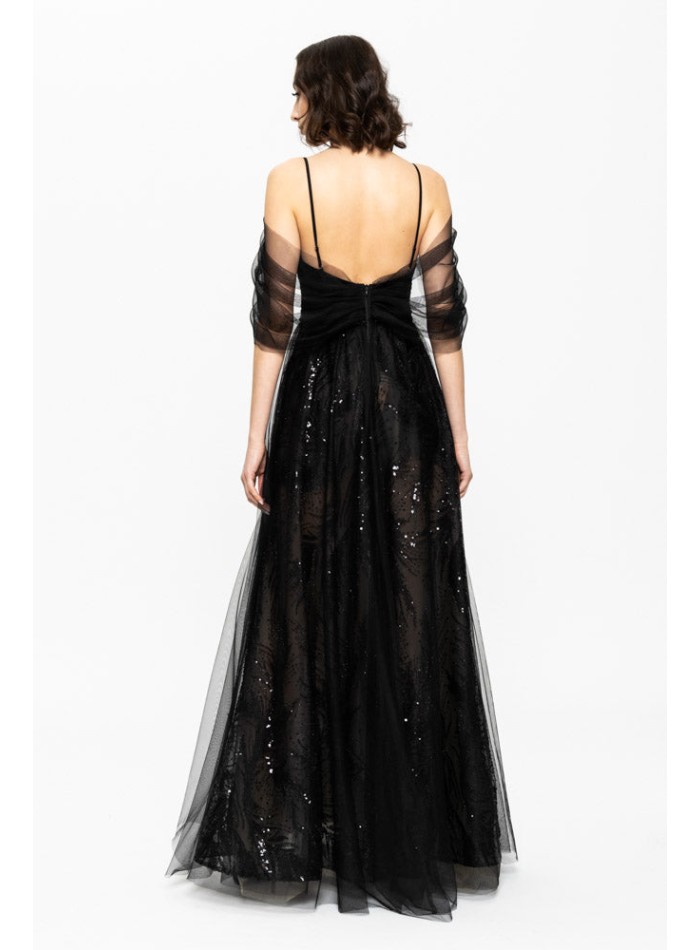 Long black evening gown with embroidered...
