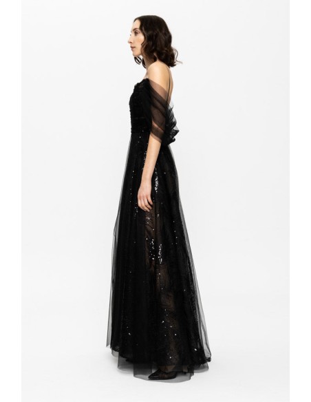 Vestido largo de noche negro con lentejuelas bordadas y corset