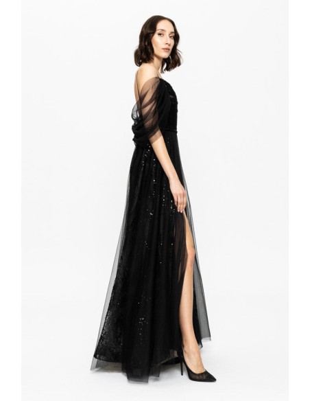 Robe longue de soirée noire avec sequins brodés et corset