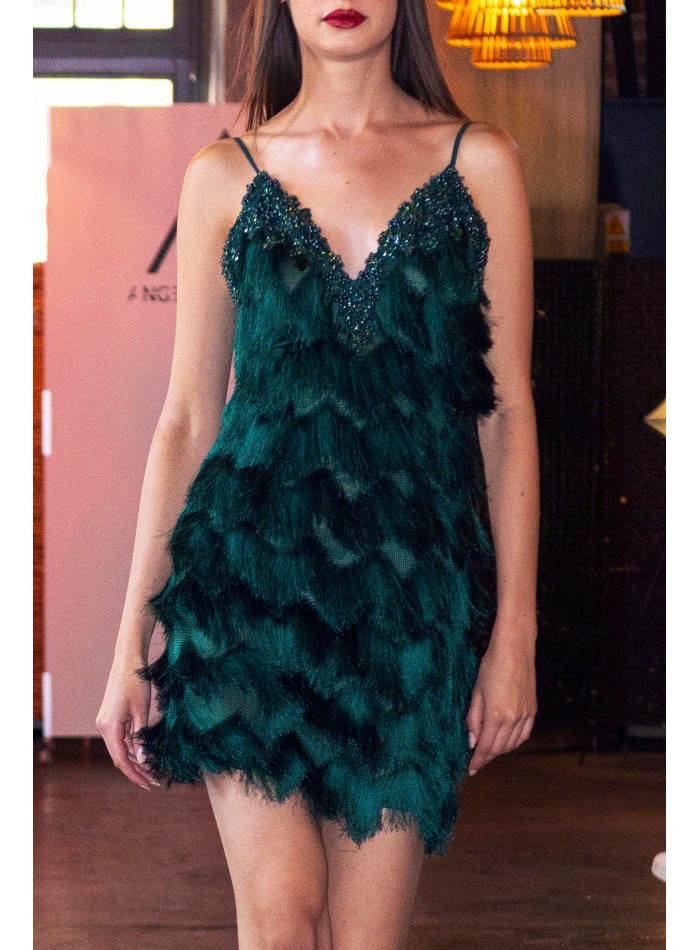 Robe de cocktail verte avec dentelle brodée et...