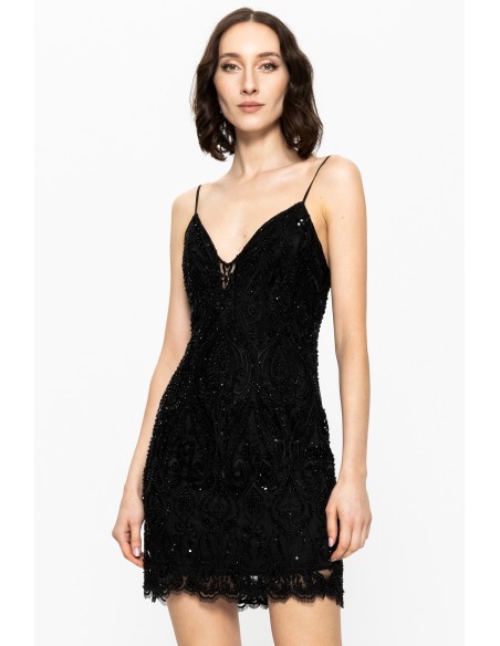Robe courte de soirée noire avec strass et fines bretelles