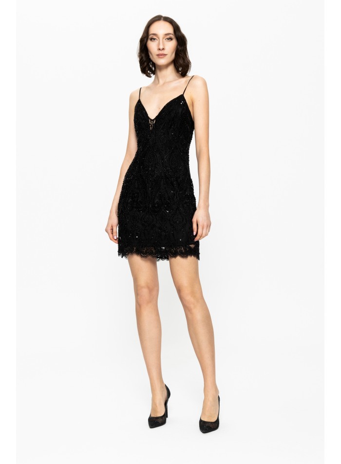 Black short party dress with rhinestones and...