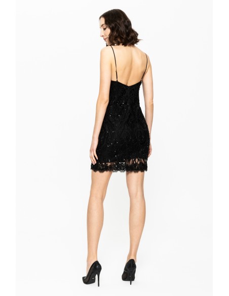 Black short party dress with rhinestones and thin straps