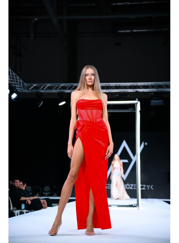 long ball gown featuring a strapless neckline,...