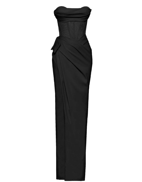 black evening dress with corset and high slit in the leg 2