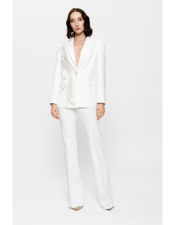 Traje de pantalón blanco para mujer con blazer bordado y...