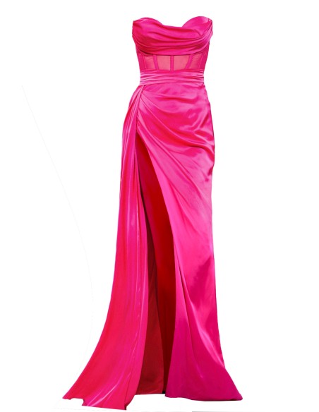 Long pink evening dress with high neckline and high leg slit