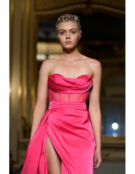 Long pink evening dress with high neckline and high leg slit