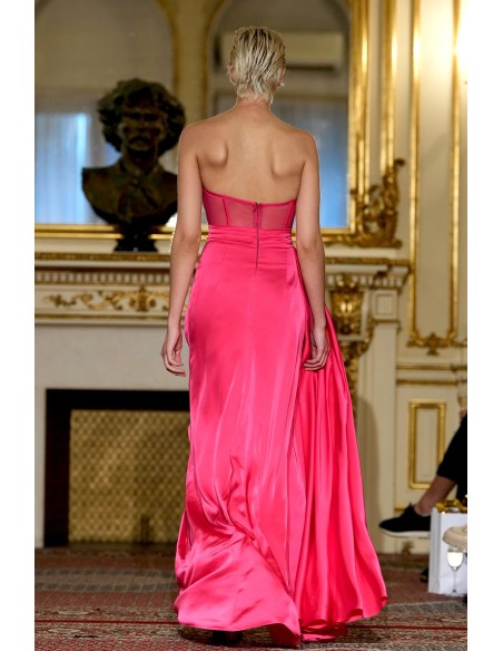 Long pink evening dress with high neckline and high leg slit