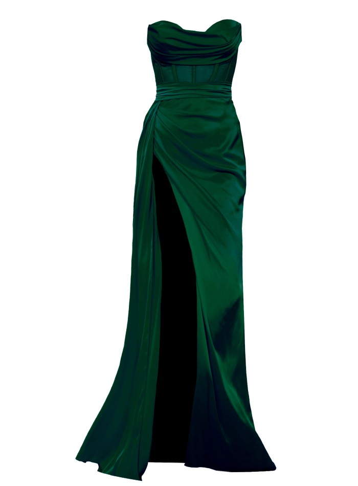 Long green evening dress with high neckline and...