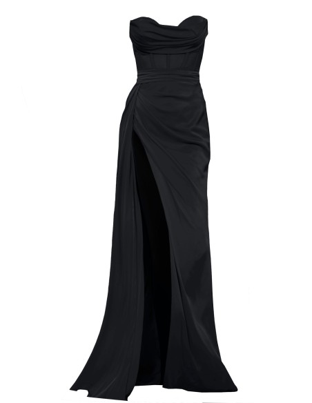 Long black evening dress with high neckline and high leg slit
