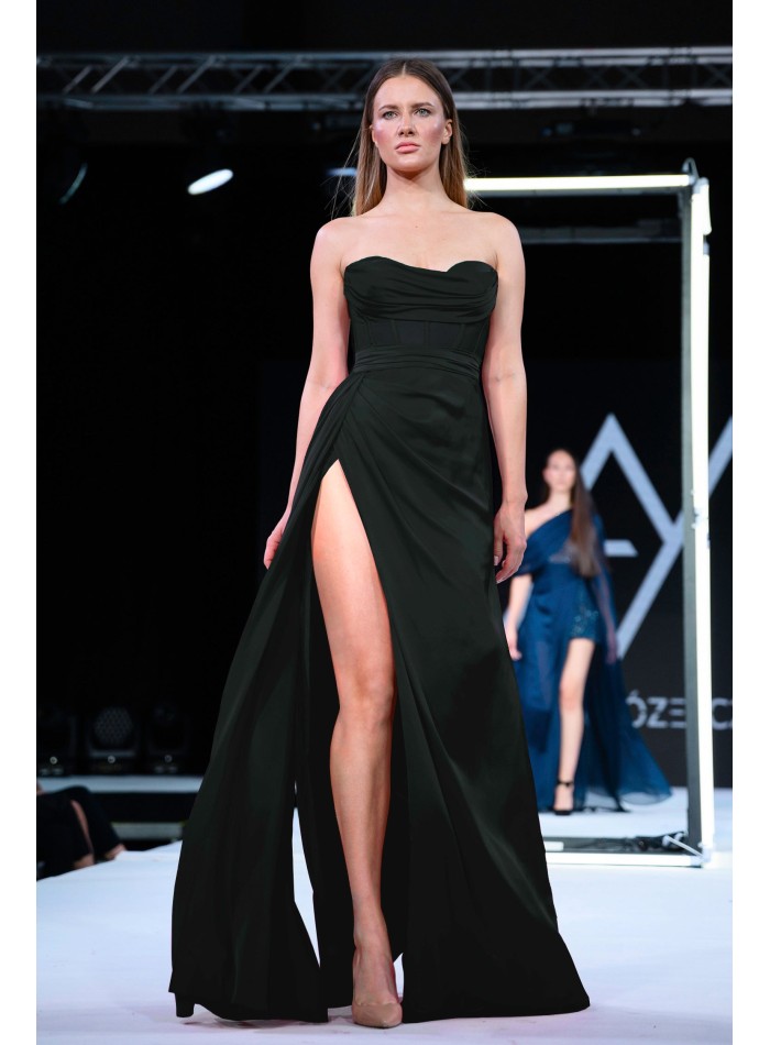 Long black evening dress with high neckline and...
