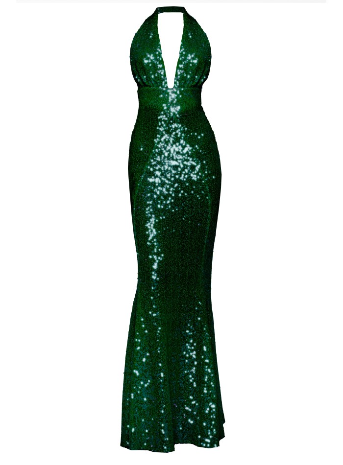emerald green sequined open back dress