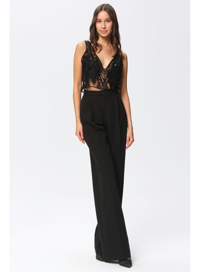 Pantalones palazzo de traje negro de tiro alto