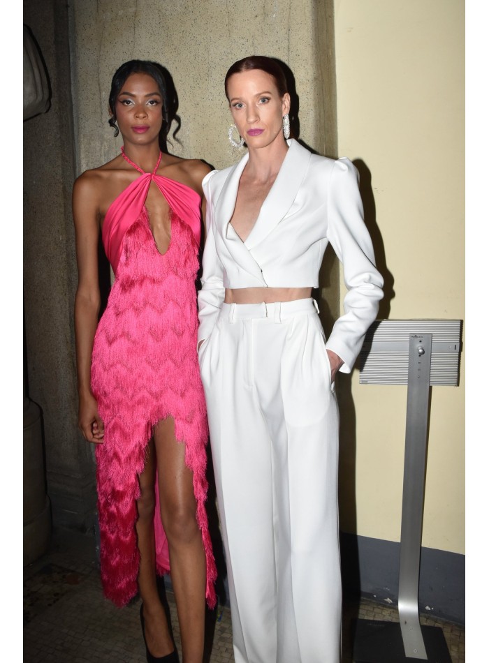 High-waisted white palazzo suit trousers