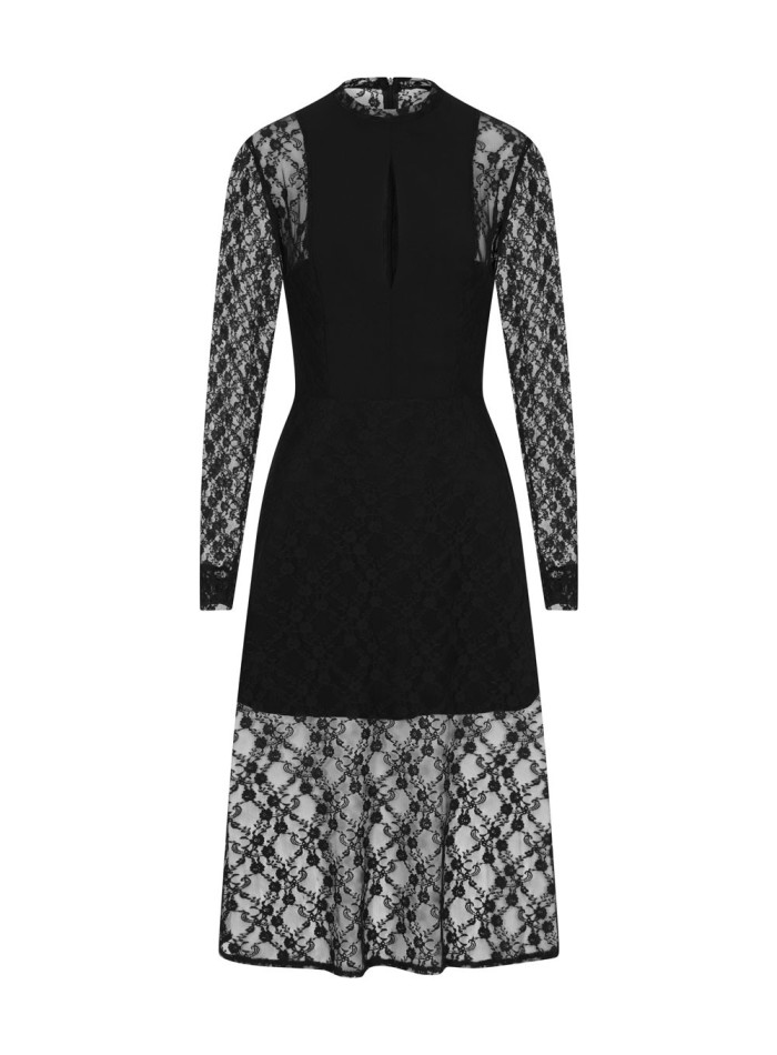 vestido midi negro de encaje con mangas largas para invitadas