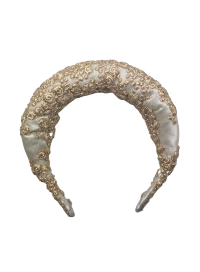 Quilted raw bridal headband with gold embroidery