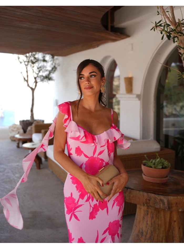 Robe de soirée midi à volants et imprimé floral