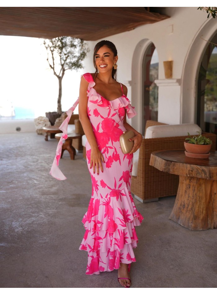 Floral print midi party dress with ruffles