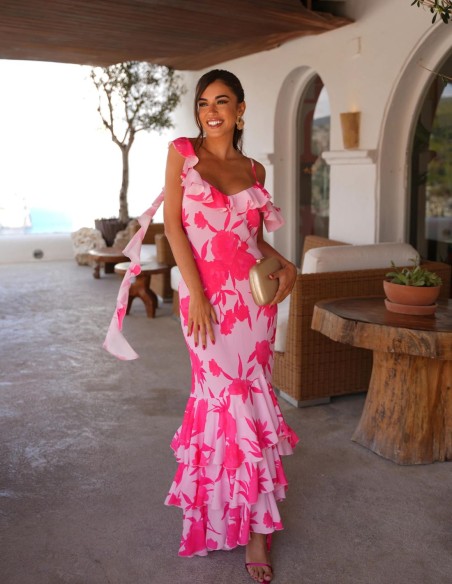 Floral print midi party dress with ruffles