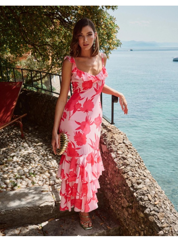 Floral print midi party dress with ruffles