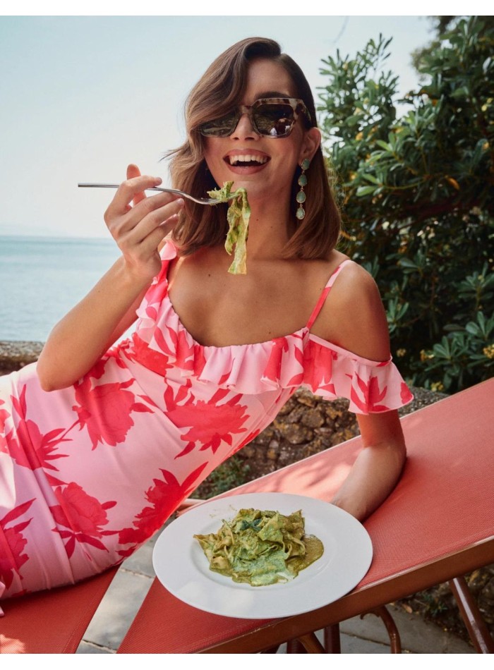 Robe de soirée midi à volants et imprimé floral