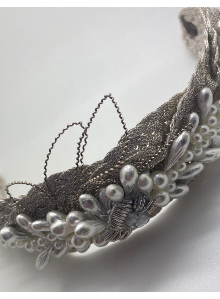 Braided silver plated bridal headdress with beads