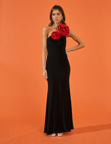 Long party dress with maxi red flowers