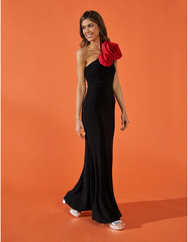 Vestido de fiesta largo con maxi flores rojas 2