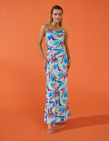 Vestido largo de fiesta estilo lencero con estampado y espalda cascada